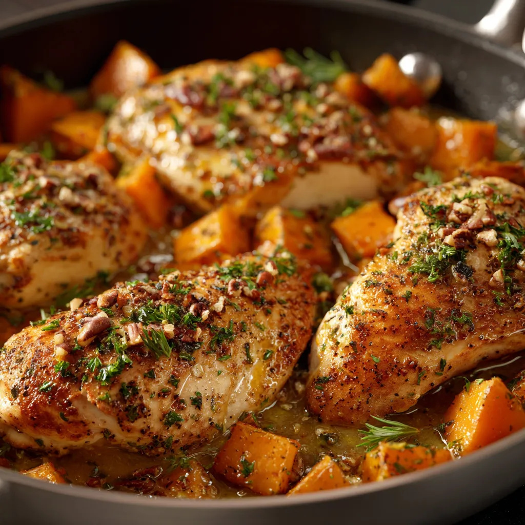 A pan of chicken with vegetables.