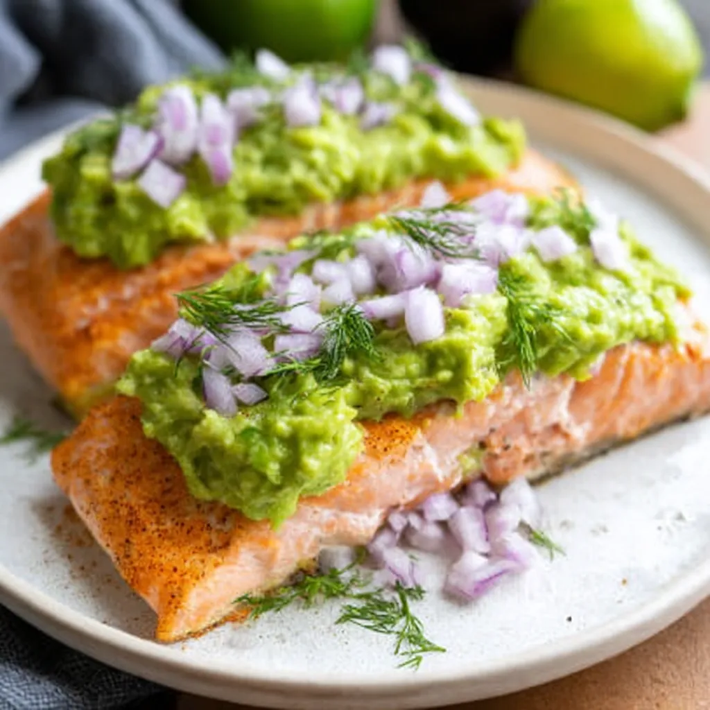 A plate of fish with avocado and onions.
