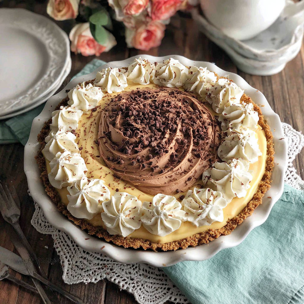 A pie with chocolate and whipped cream toppings.