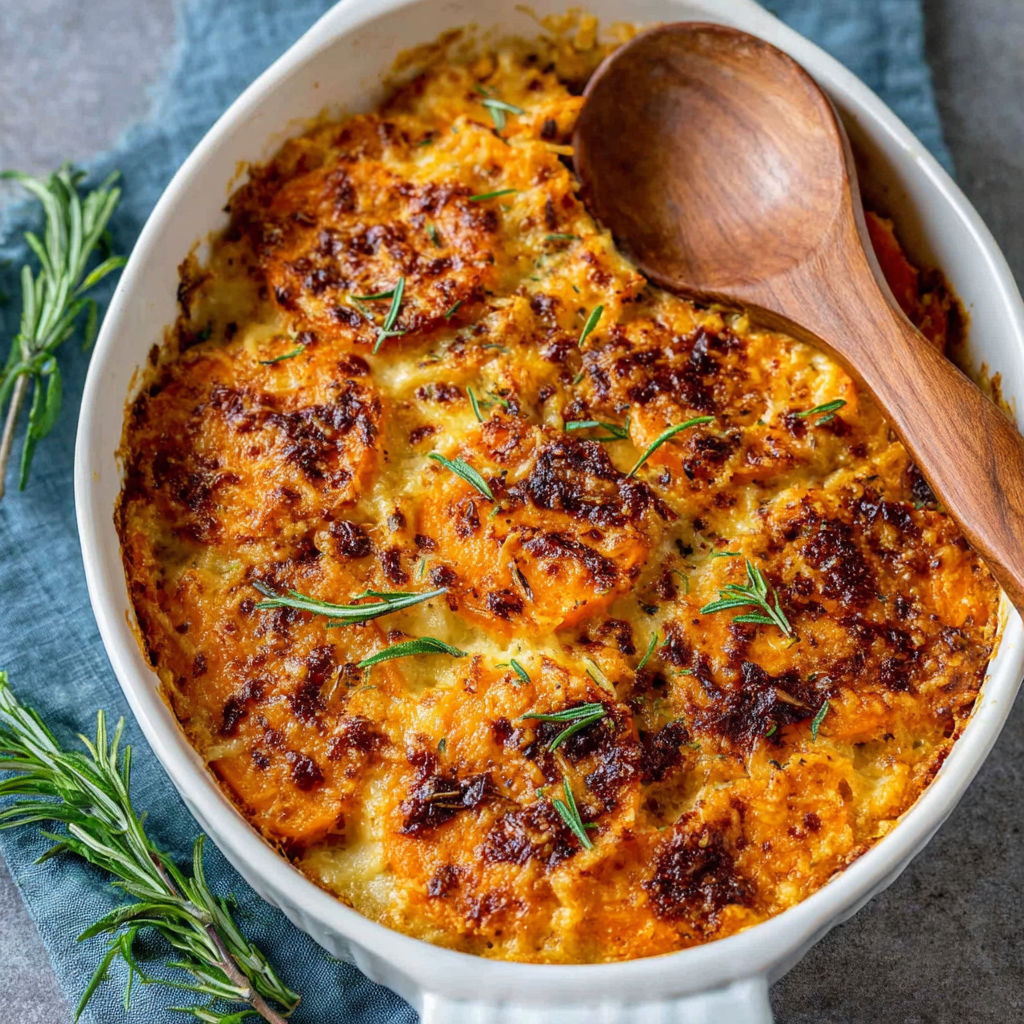 A white bowl filled with a casserole dish.