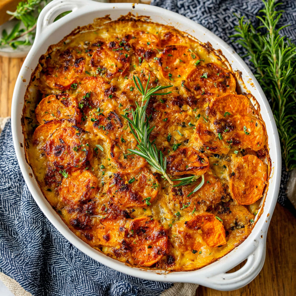 A white bowl filled with a delicious casserole.
