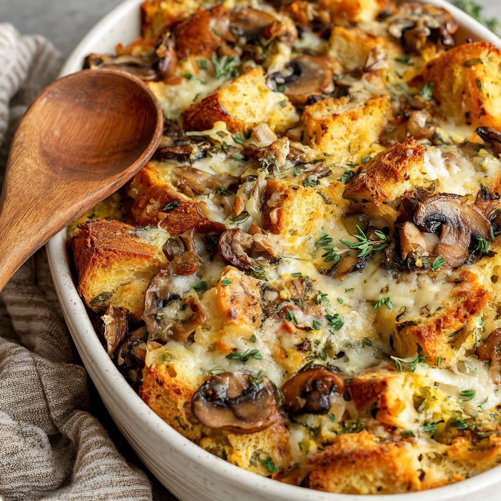 A white bowl filled with a mushroom and bread dish.