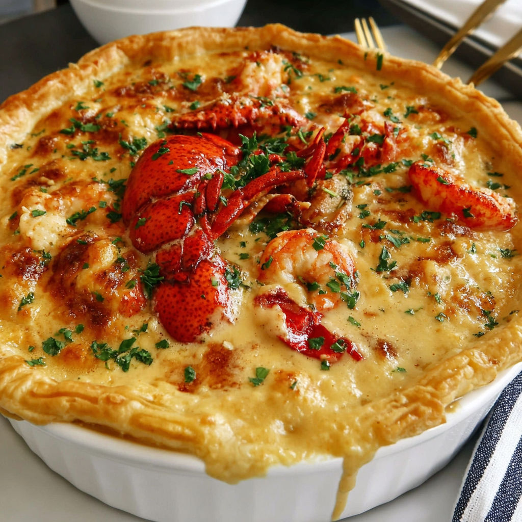 A white bowl filled with a creamy seafood dish.
