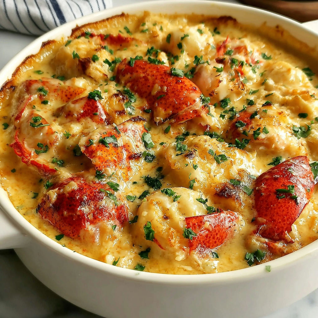 A bowl of seafood with lobster and scallops.