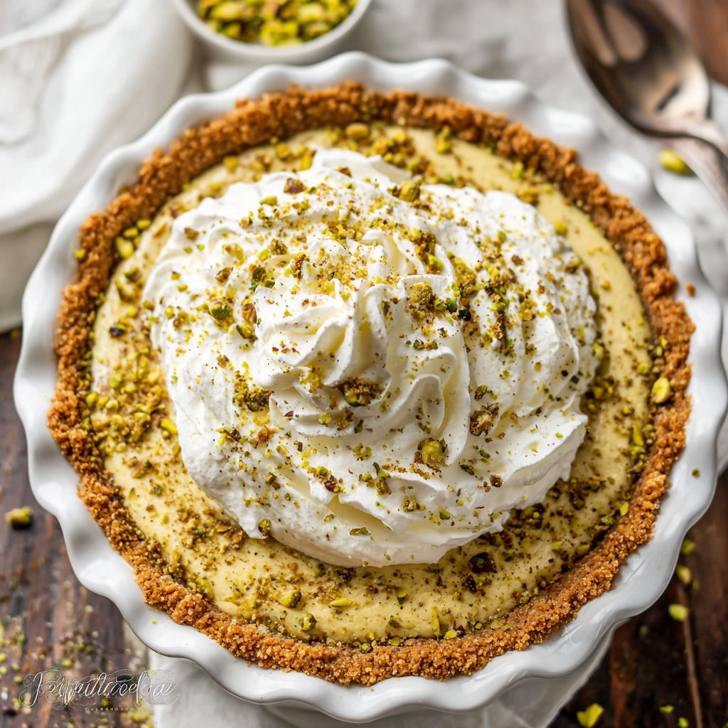 A pie with whipped cream and pistachio nuts.