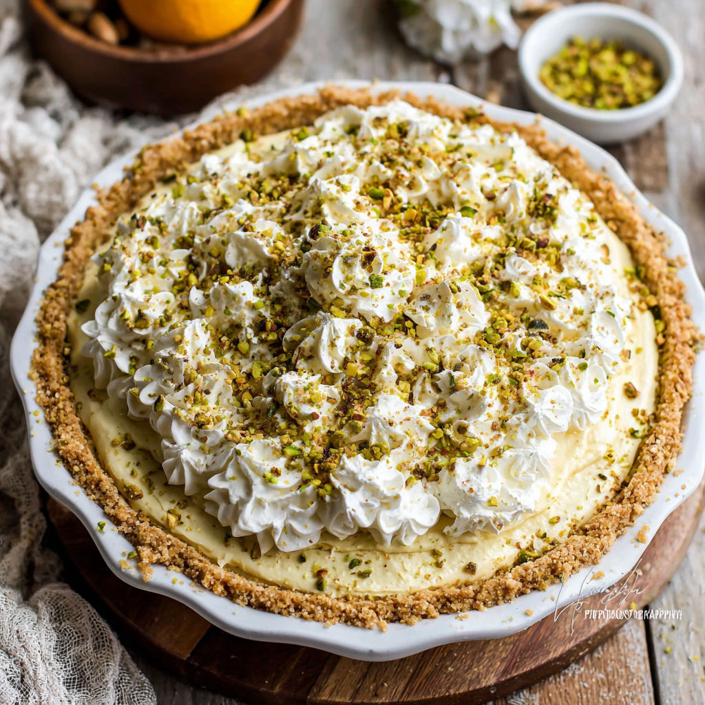 A pie with white cream and pistachio toppings.