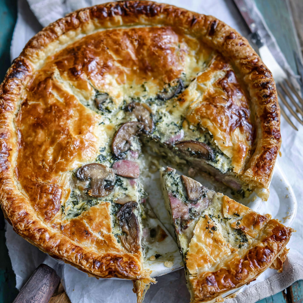 A slice of pie with mushrooms and spinach.