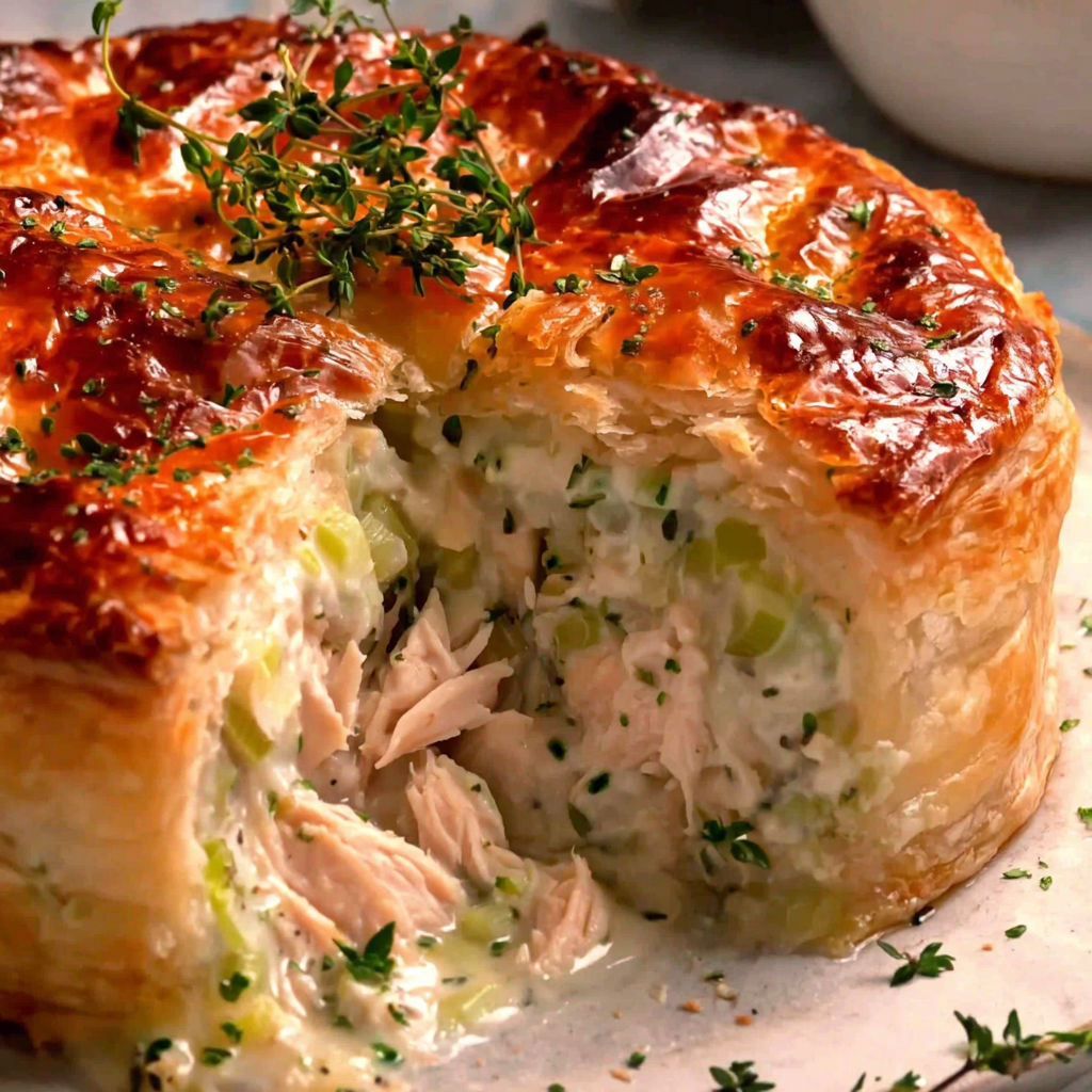 A pastry with chicken and vegetables inside.