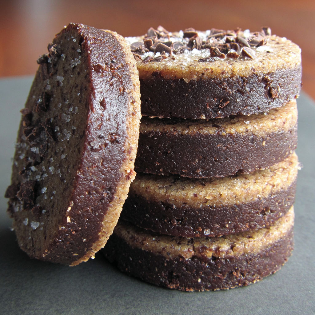 A stack of chocolate cake with chocolate chips on top.
