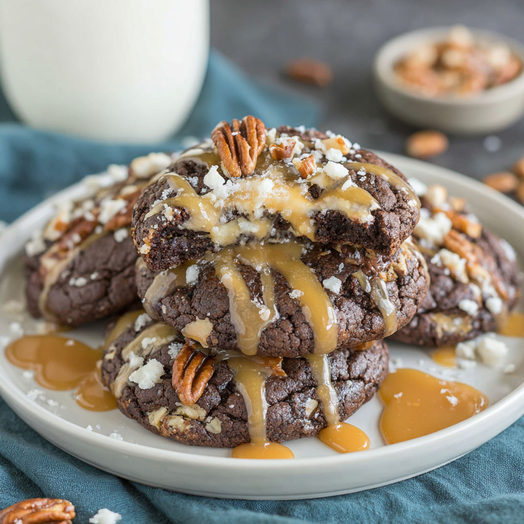 A plate of cookies with caramel drizzle.