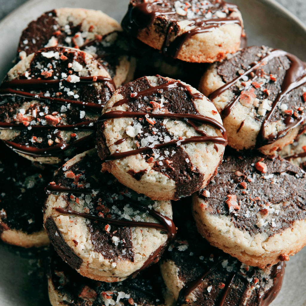 A plate of cookies with chocolate drizzle and sprinkles.