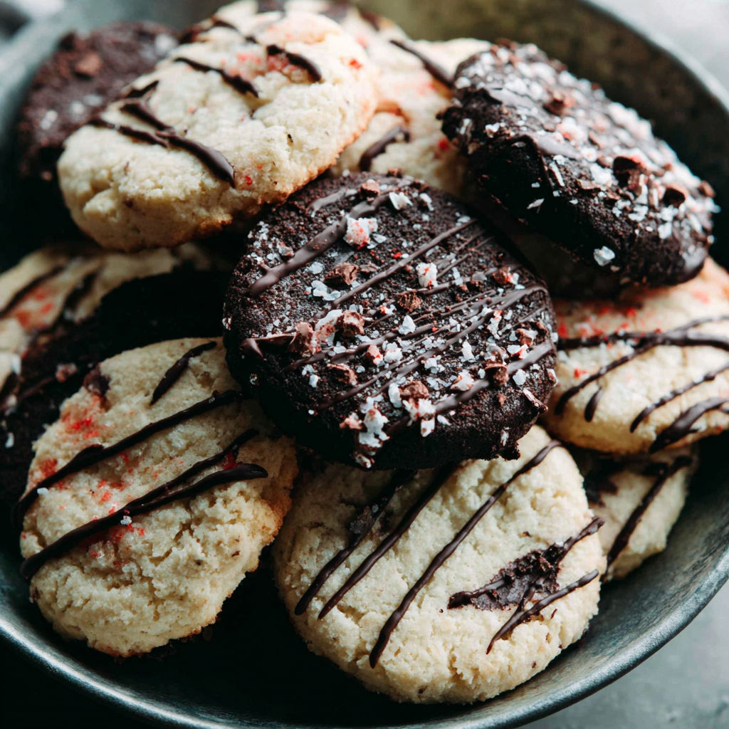 A bowl of cookies with chocolate and white icing.