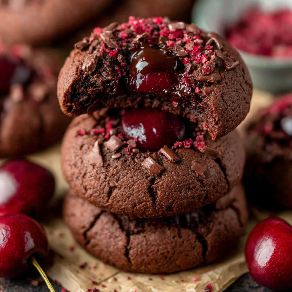 Chocolate chip cookies with chocolate drizzle and red berries on top.