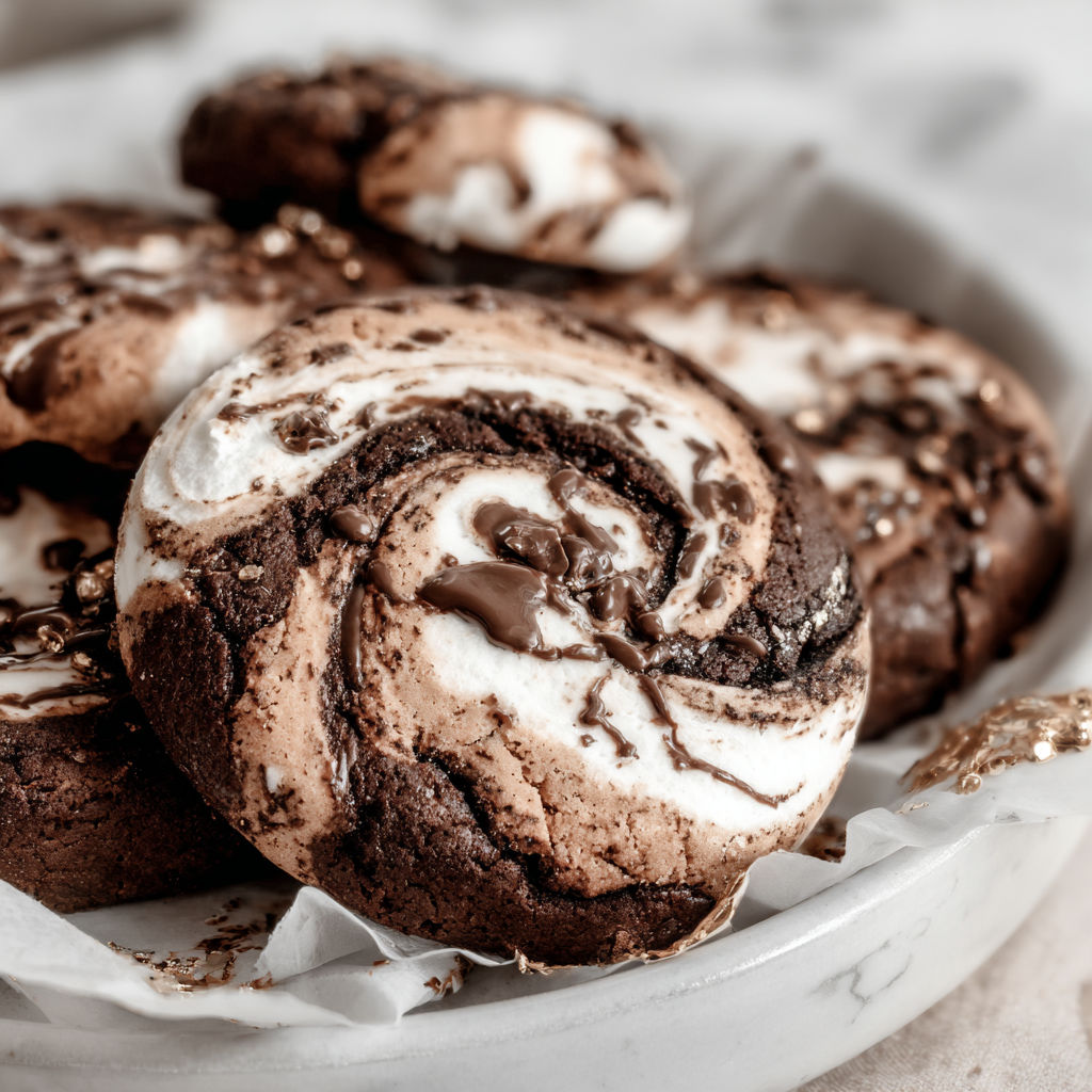 A plate of chocolate and white cookies.