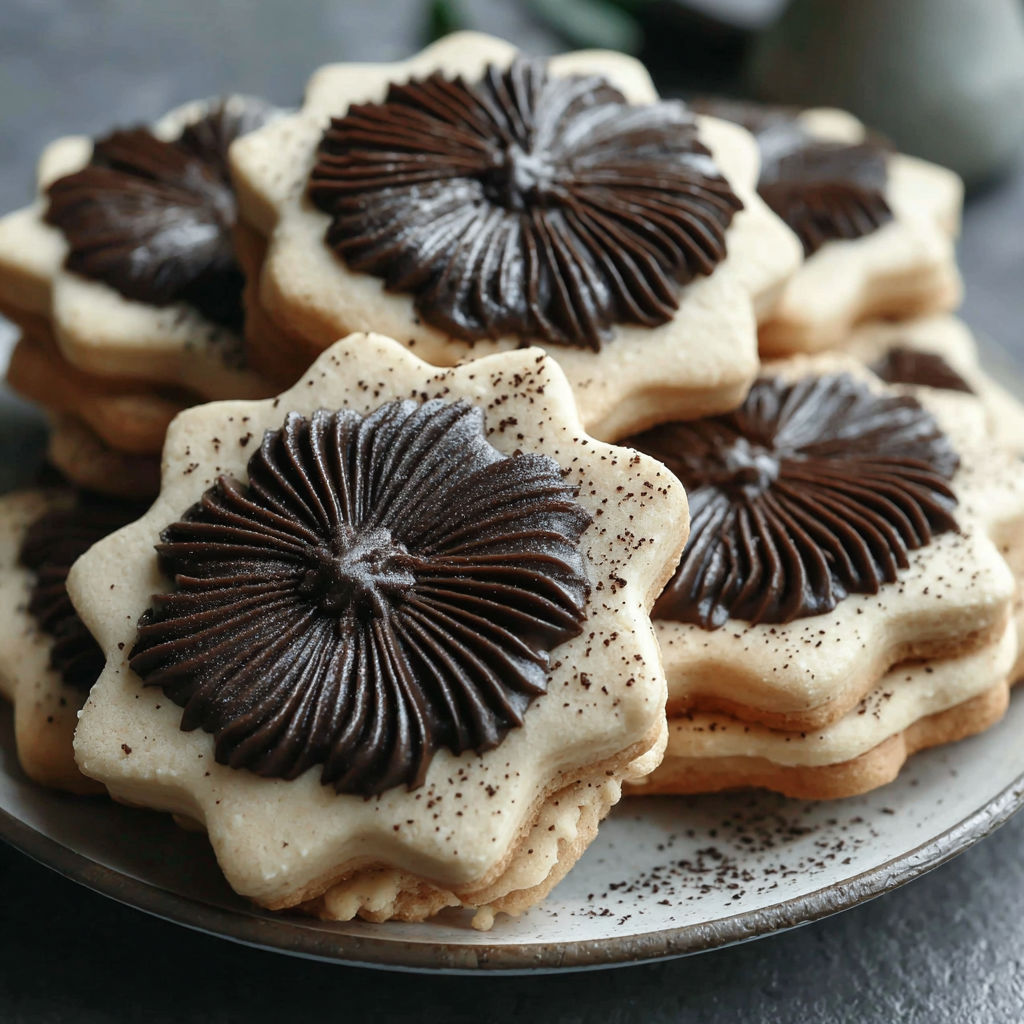 A plate of cookies with chocolate and white frosting.