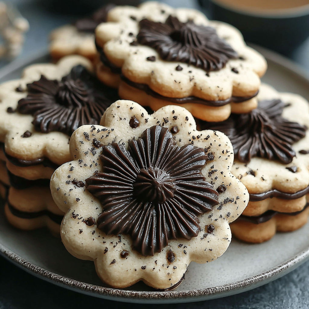 A plate of chocolate cookies with a flower design.