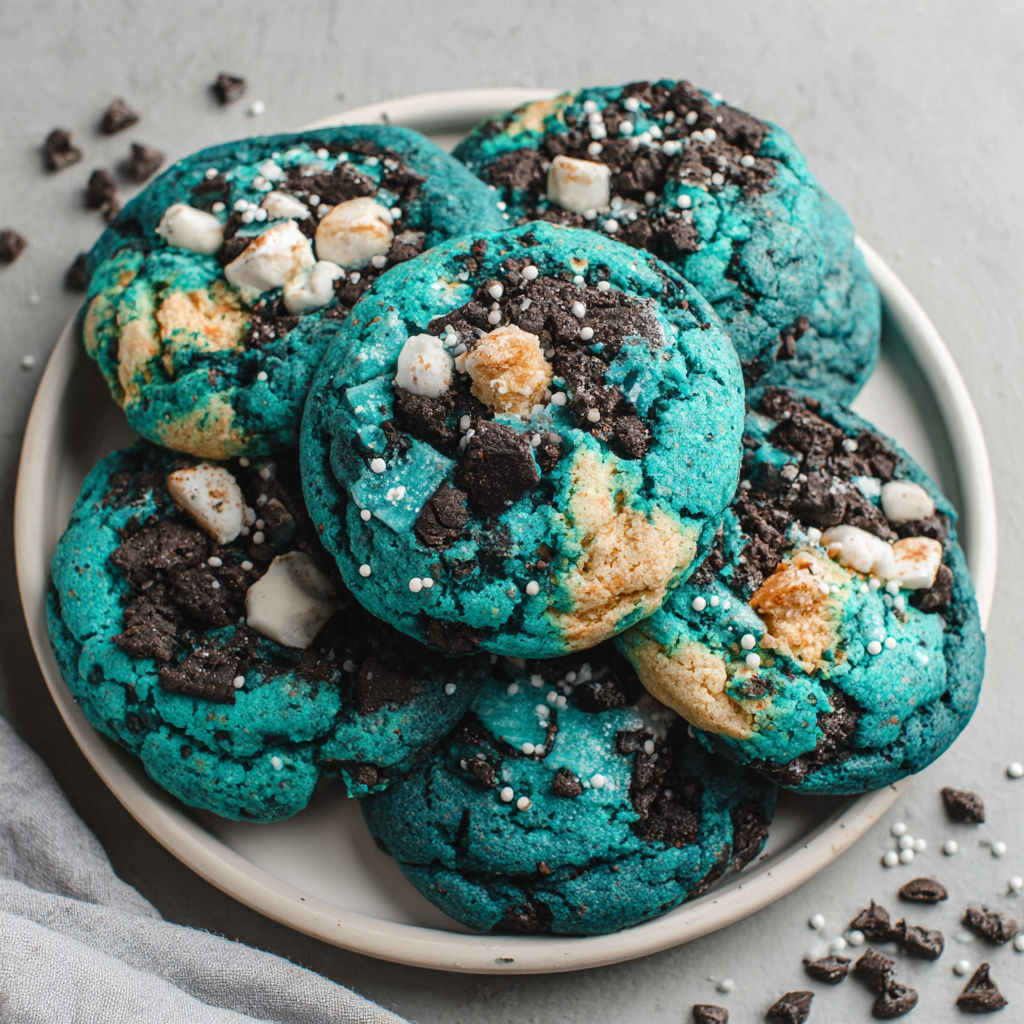 A plate of blue cookies with white chocolate chips.