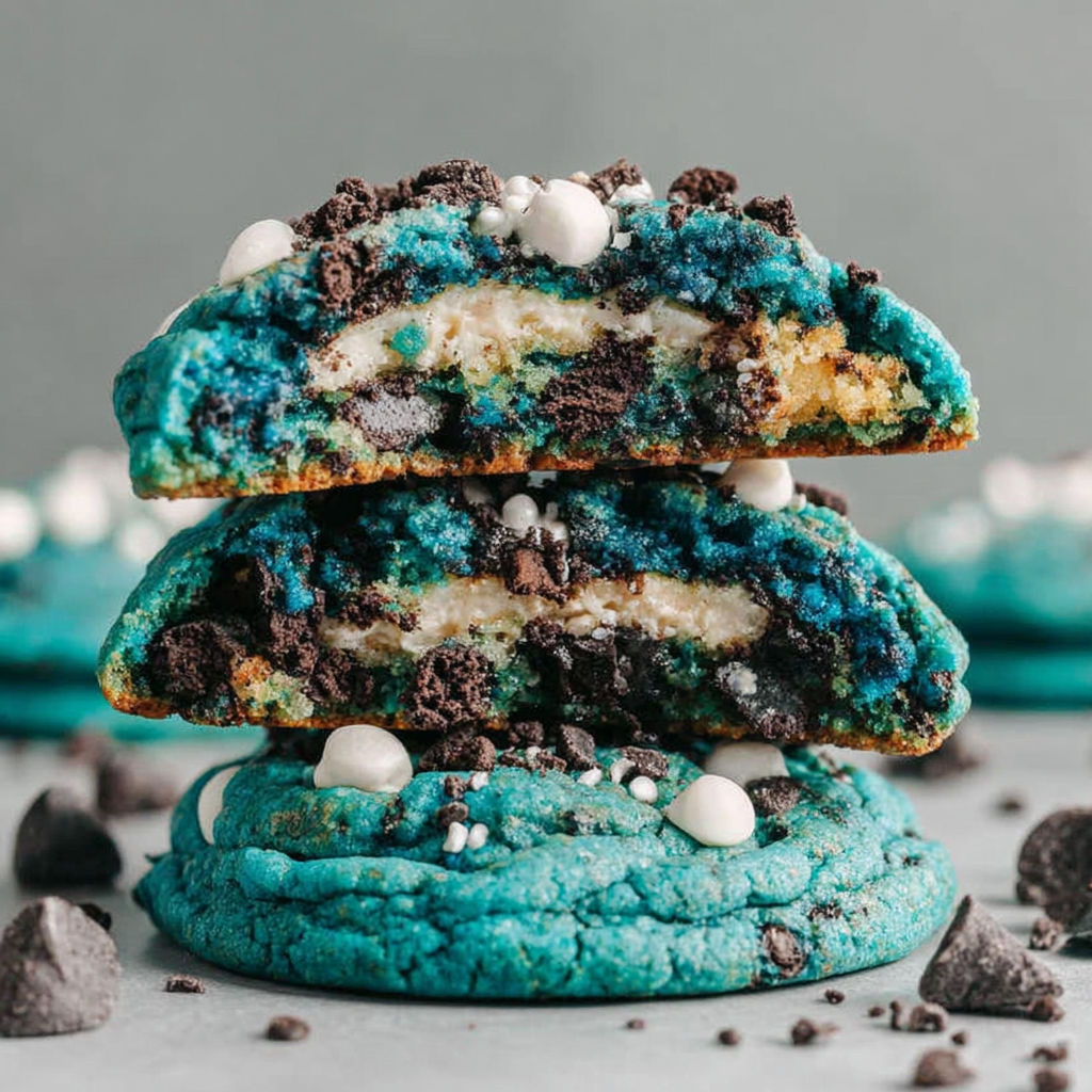 A stack of blue and white cookies.