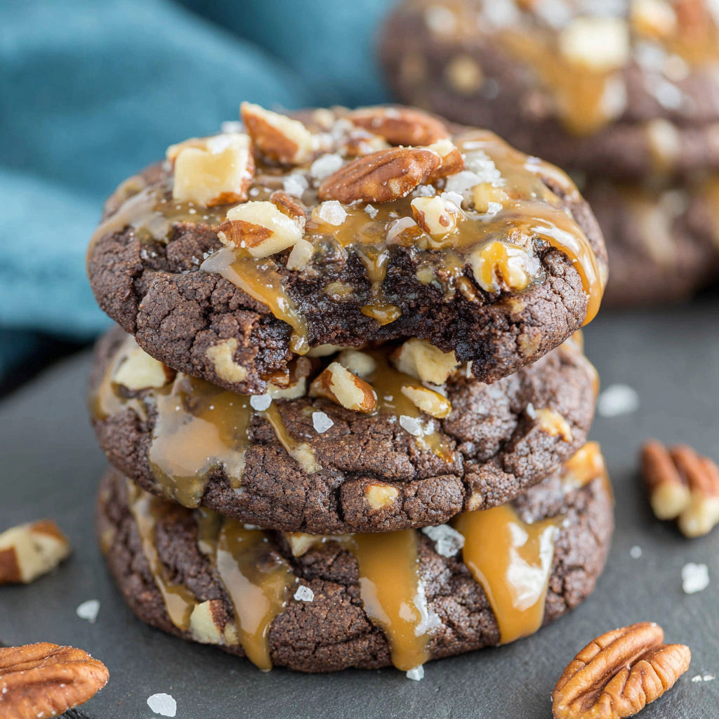 Chocolate chip cookies with caramel drizzle.