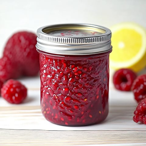 A jar of jam with a lemon wedge on top.