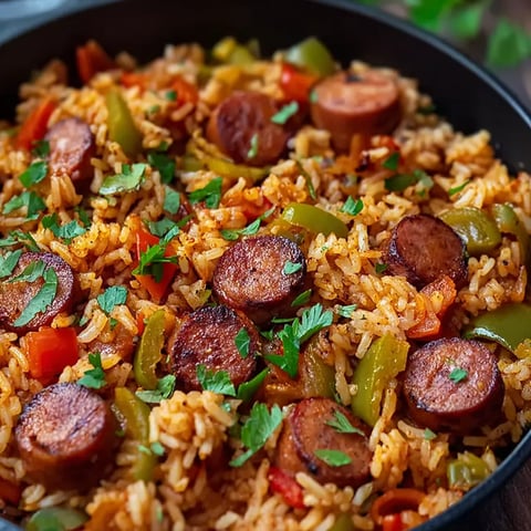 A bowl of rice with sausage and peppers.