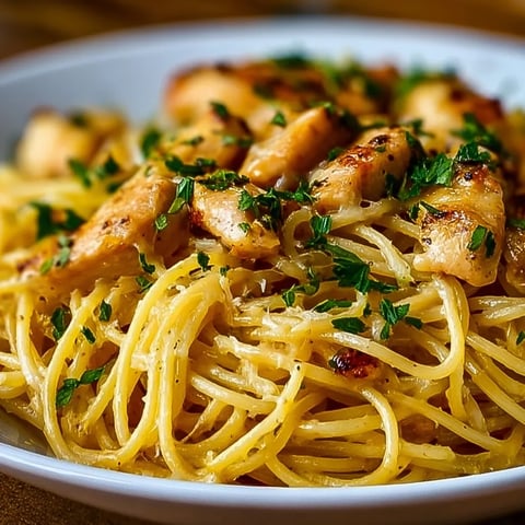 A plate of pasta with chicken on top.