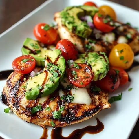 A plate of food with chicken, tomatoes, and avocado.