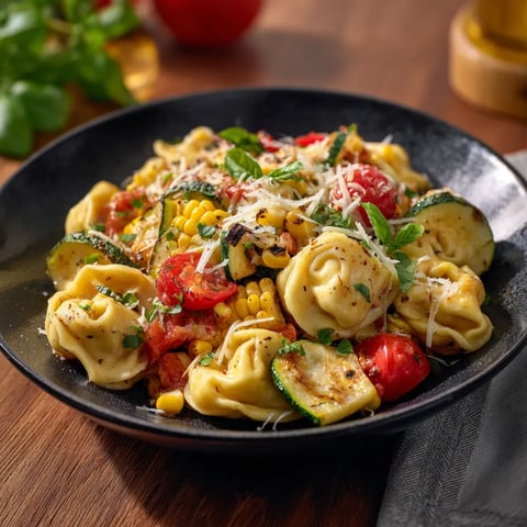 A bowl of pasta with tomatoes, corn, and zucchini.