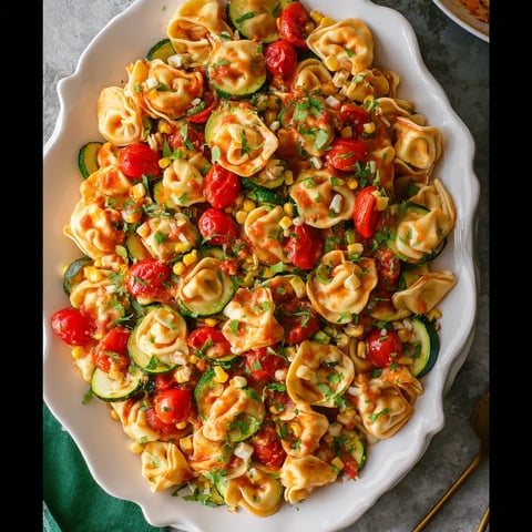 A plate of pasta with tomatoes and zucchini.