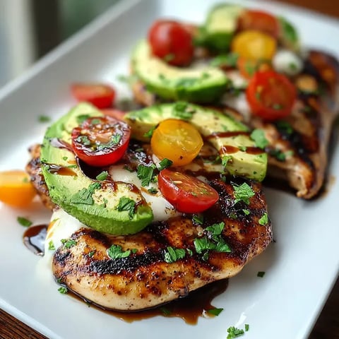 A plate of food with chicken, tomatoes, and avocado.