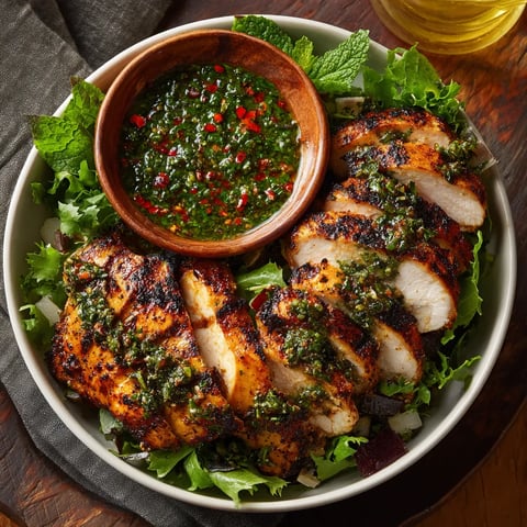 A bowl of food with a green sauce.