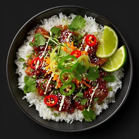 A bowl of rice with meat and vegetables.