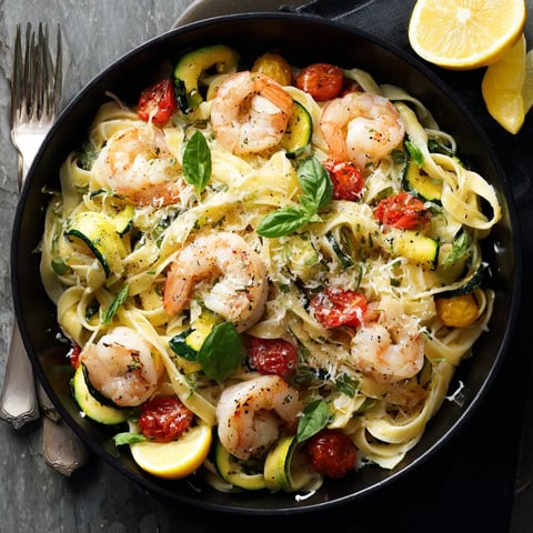 A bowl of pasta with shrimp, zucchini, and tomatoes.