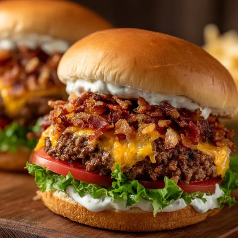Two cheeseburgers with bacon and tomato.
