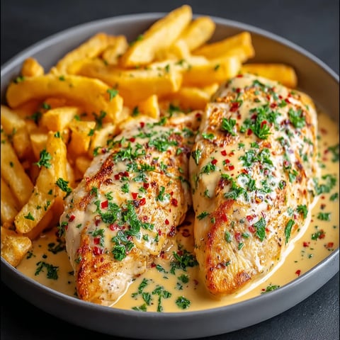 A plate of fries and chicken.