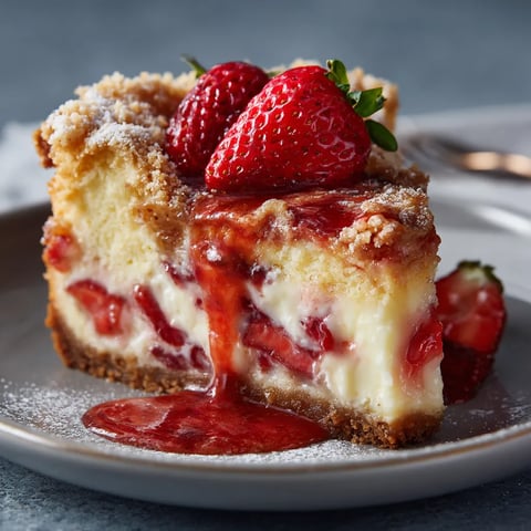 A slice of cake with strawberries on top.