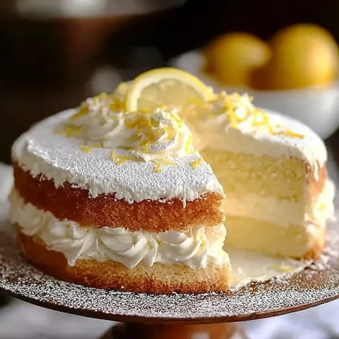 A slice of cake with lemon on top.