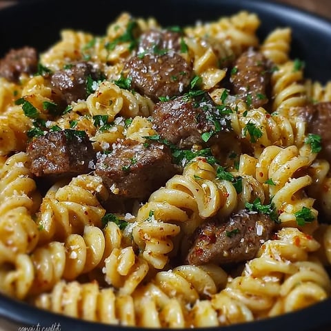 A bowl of pasta with meatballs and herbs.