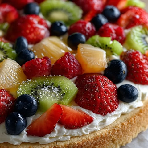 A fruit pizza with kiwi, strawberries, blueberries, and raspberries.