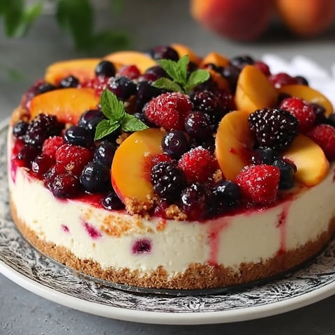A slice of cake with blueberries and peaches on top.