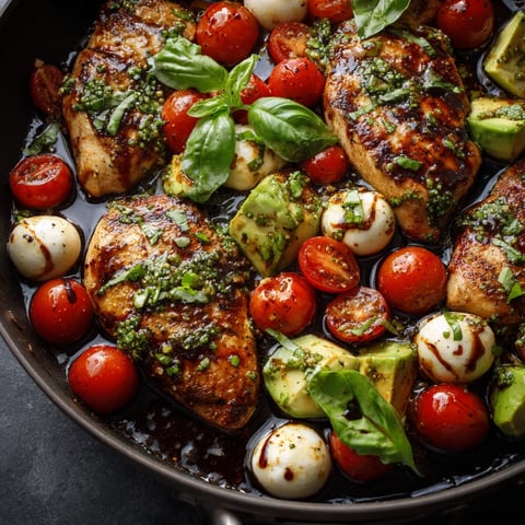 A pan of food with chicken, tomatoes, and basil.