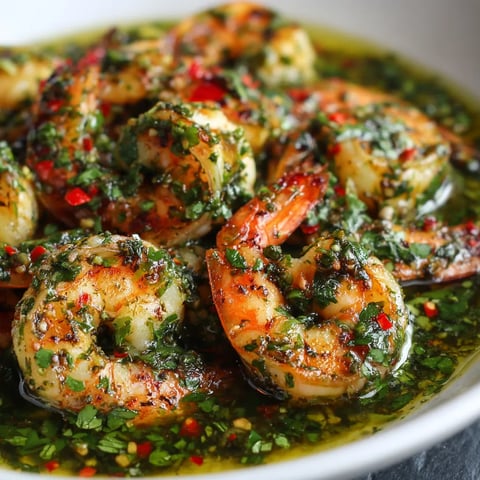 A bowl of shrimp with a green sauce.