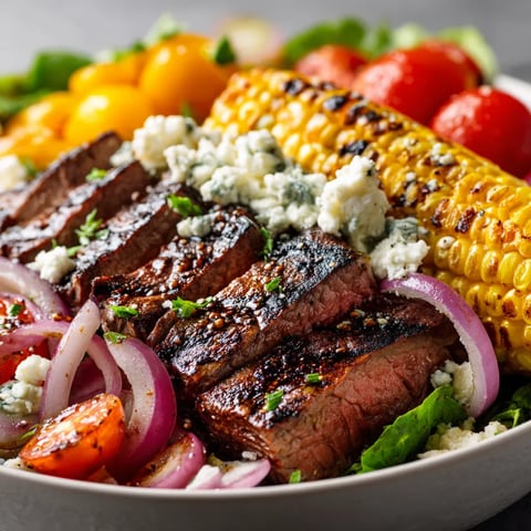 A plate of food with meat, corn, tomatoes, and onions.