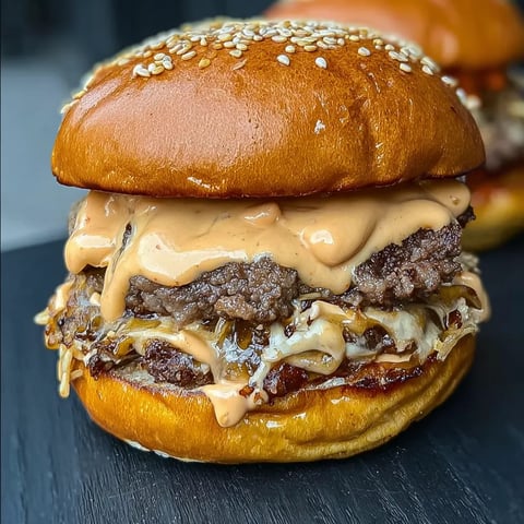A burger with a lot of sauce.