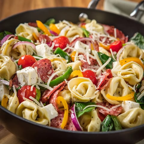A bowl of pasta with vegetables and meat.