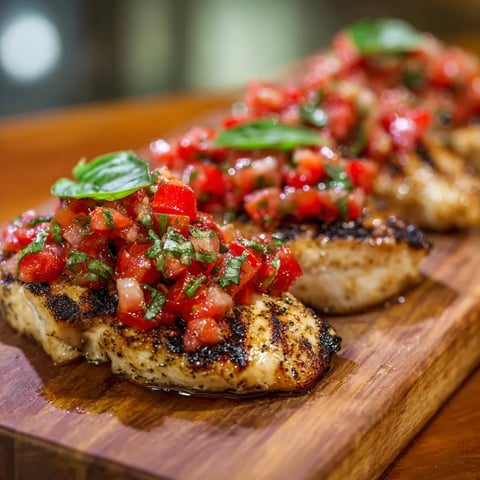 Chicken with tomatoes and basil on a wooden board.