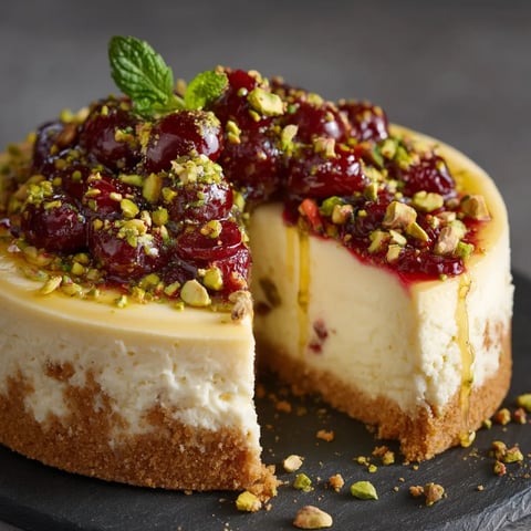 A slice of cheesecake with cherries on top.