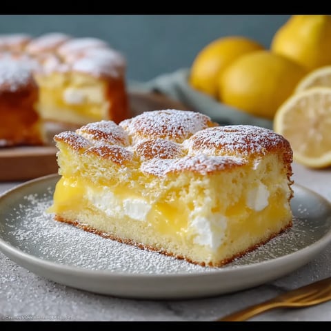A slice of lemon cake with powdered sugar on top.