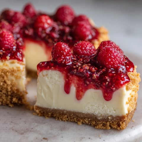 A slice of cheesecake with raspberries on top.