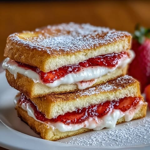 A stack of three sandwiches with strawberries on top.